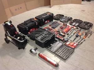 Mix lot of Husky Mechanic Tool sets and other wrenches and storage boxes, compresor and more review all pictures