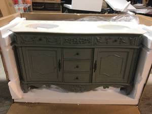 Home Decorators Collection Winslow 60 in. W x 22 in. D Bath Vanity in Antique Gray with Vanity Top in White Marble with White Basins (good condition) review all pictures
