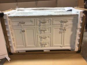 Home Decorators Collection Windlowe 61 in. W x 22 in. D x 35 in. H Bath Vanity in White with Carrera Marble Vanity Top in White with White Sink (good condition) review all pictures