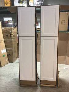 Lot of 2 Hampton Bay Shaker Satin White Stock Assembled Pantry Kitchen Cabinet (18 in. x 84 in. x 24 in.) (good condition) review all pictures