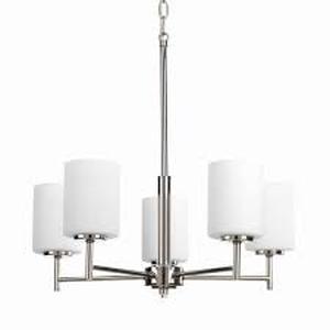 lot 3 image: Progress Lighting Replay Collection 5-Light Polished Nickel Etched White Glass Glass Modern Chandelier Light