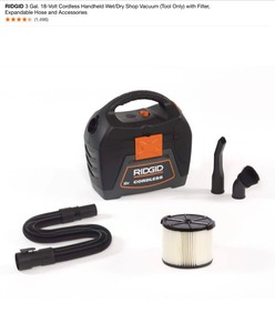lot 14 image: RIDGID 3 Gal. 18-Volt Cordless Handheld WetDry Shop Vacuum (Tool Only) with Filter, Expandable Hose and Accessories. See Pictures