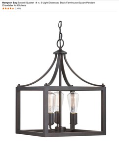 lot 32 image: Hampton Bay Boswell Quarter 14 in. 3-Light Distressed Black Farmhouse Square Pendant Chandelier for Kitchens. See Pictures