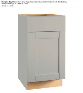 lot 50 image: Hampton Bay Shaker Dove Gray Stock Assembled Base Kitchen Cabinet with Ball-Bearing Drawer Glides (18 in. x 34.5 in. x 24 in.). See Pictures