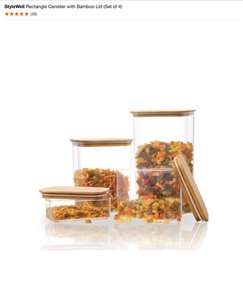 lot 53 image: StyleWell Rectangle Canister with Bamboo Lid (Set of 4), Marble & 3D Coasters and Stretch & Fresh Silicone Lid Storage System. See Pictures