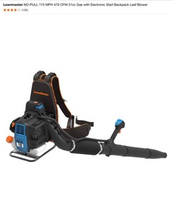 lot 58 image: Lawnmaster NO-PULL 175 MPH 470 CFM 31cc Gas with Electronic Start Backpack Leaf Blower. See Pictures