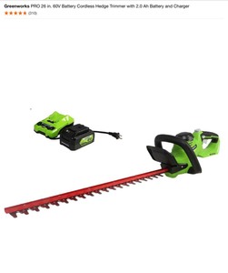 lot 67 image: Greenworks PRO 26 in. 60V Battery Cordless Hedge Trimmer with 2.0 Ah Battery and Charger. See Pictures