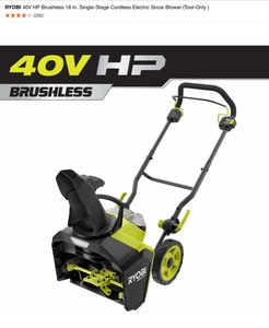 lot 75 image: RYOBI 40V HP Brushless 18 in. Single-Stage Cordless Electric Snow Blower (Tool-Only). See Pictures