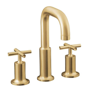 lot 6 image: KOHLER Purist 8 in. Widespread Deck Mount 2-Handle Mid-Arc Bathroom Faucet Trim Only in Vibrant Moderne Brushed Gold Less Valve (Retails for $818.63)