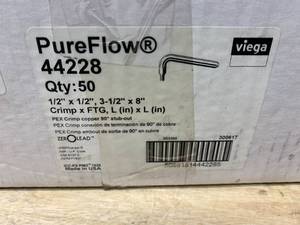 lot 156 image: PUREFLOW Box of PEX Crimp Copper 90 Degree Stub-Out