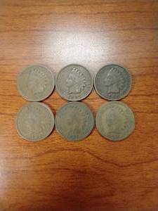 6 Indian Head Pennies - 1903-1908