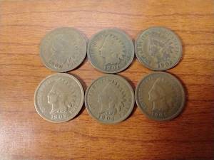 6 Indian Head Pennies - 1900-1905