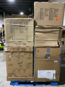 Pallet of Hampton Bay Assorted Colors Kitchen Base Cabinets, End Cap Kits & End Panel. Various Conditions. See Pictures
