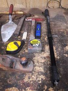 Various Workshop Hand Tools Grease Gun Clamp Prybar Stanley Measuring Tape