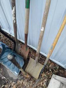 Assortment of Yard Tools Shovels Hoes Sledge Hammer