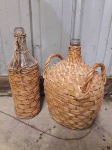 Two Cool Vintage Italian Large Glass Bottles Covered in Woven Bamboo &amp Wicker Beautifully Made