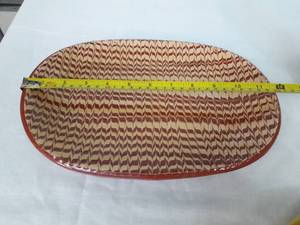 WOW TWO RARE VINTAGE WISCONSIN POTTERY M.E.L. SERVING PLATTERS REDWARE WITH YELLOW SLIP &amp PIE CRUST EDGE - GREAT CONDITION&nbsp BOTH ARE SIGNED PLUS 4 OLD ITALIAN YELLOW SALAD PLATES - CHIPPING PRESENT