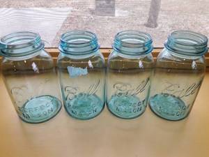 Lot of Four Vintage Blue Glass BALL PERFECT MASON Canning Jars Perfect Condition No Lids