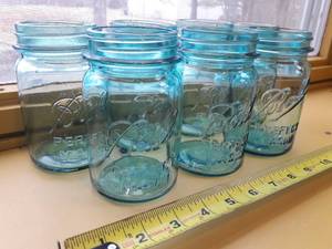Lot of Seven Vintage Blue Glass BALL PERFECT MASON Canning Jars Perfect Condition No Lids