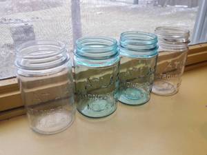 Lot of 4 Glass ATLAS STRONG SHOULDER MASON Canning Jars Perfect Condition No LidsTwo Blue and Two Clear