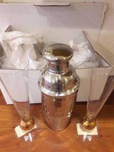 Vintage ORREFORS SWEDEN Wine Glasses (New With Box) and Stainless Steel Martini Shaker