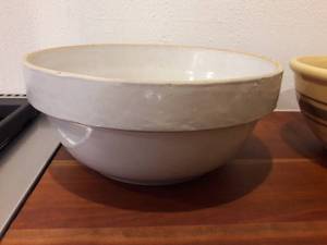 Vintage &amp Antique Kitchenware - Pennsylvania Redware Piecrust Edge 1982 Christmas Platter, Antique Crock Salt Glazed Mixing Bowl, B Crown Mark 92% Antique Metal Cup, Antique Yelloware Pottery Brown Band Mixing Bowl (Old Check Out Bottom)  More