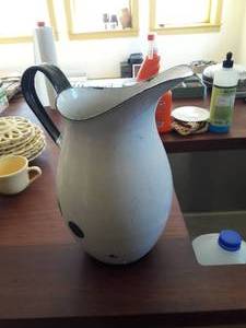Vintage SWEDEN KER ENAMEL WARE PITCHER WHITE METAL WITH black HANDLE