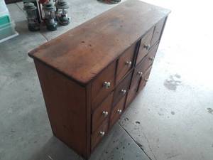 Fabulous Antique Primitive Early American 12 Drawer Wood&nbspApothecary Cabinet Storage Dresser With White Porcelain Pulls (Two Missing) - Contents Included Measurements To Come
