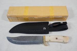 Timber Wolf Damascus Style Steel and Camel Bone Fixed Blade Bowie Knife