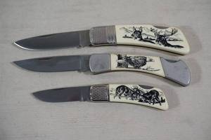 3 Sabre Scrimshaw Style Handle Pocket Knives