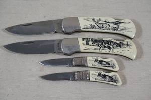 4 Sabre Scrimshaw Style Handle Pocket Knives