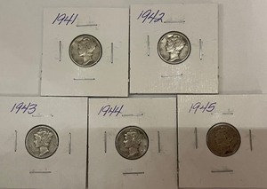 5 Different Mercury Dimes - 1941 thru 1945