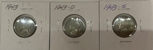 Three Silver War Nickels - 1943 P, D, & S