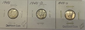 3 Different Mercury Dimes - 1945 P, D, & S