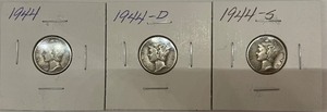 3 Different Mercury Dimes - 1944 P, D, & S