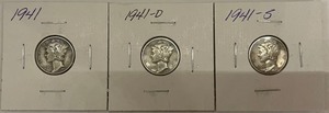 3 Different Mercury Dimes - 1941 P, D, & S