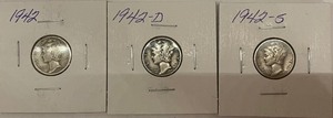 3 Mercury Dimes - 1942 P, D, & S