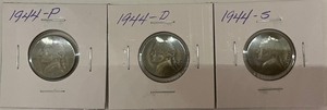 Three Different Silver War Nickels - 1944 P, D, & S