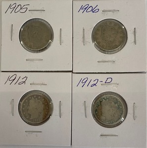4 Different Liberty Head Nickels - 1905, 1906, 1912, & 1912-D
