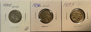 Three Different Buffalo Nickels - 1935, 1936, & 1937