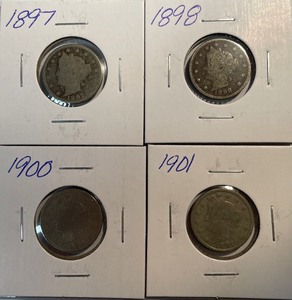 Four Different Liberty Head Nickels - 1897, 1898, 1900, & 1901