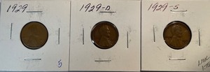 Three Different Lincoln Wheat Pennies - 1929 P, D, & S