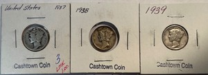 Three Different Mercury Dimes - 1937, 1938, & 1939