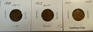Three Different Lincoln Wheat Pennies - 1910, 1913, & 914