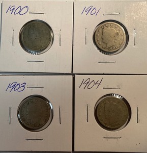 Four Different Liberty Head Nickels - 1900, 1901, 1903, & 1904