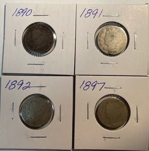 Four Different Liberty Head Nickels - 1890, 1891, 1892, & 1897