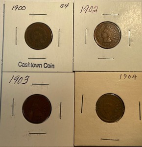 Four Different Indian Head Pennies - 1900, 1902, 1903, & 1904