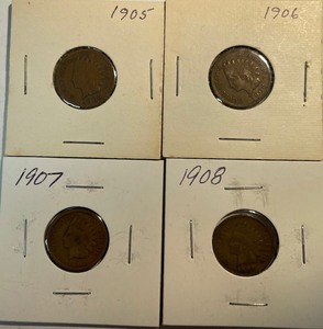 Four Different Indian Head Pennies - 1905, 1906, 1907, & 1908