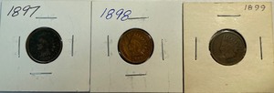 Three Different Indian Head Pennies - 1897, 1898, & 1899