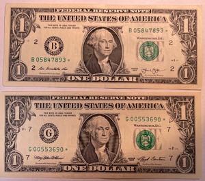 2 Different $1 Star Notes (G00553690, B05847893)